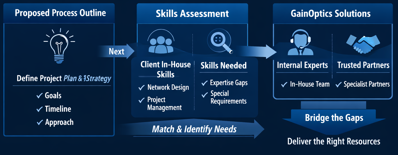 GainOptics consultancy process flow: define process, match skills, deliver expertise
